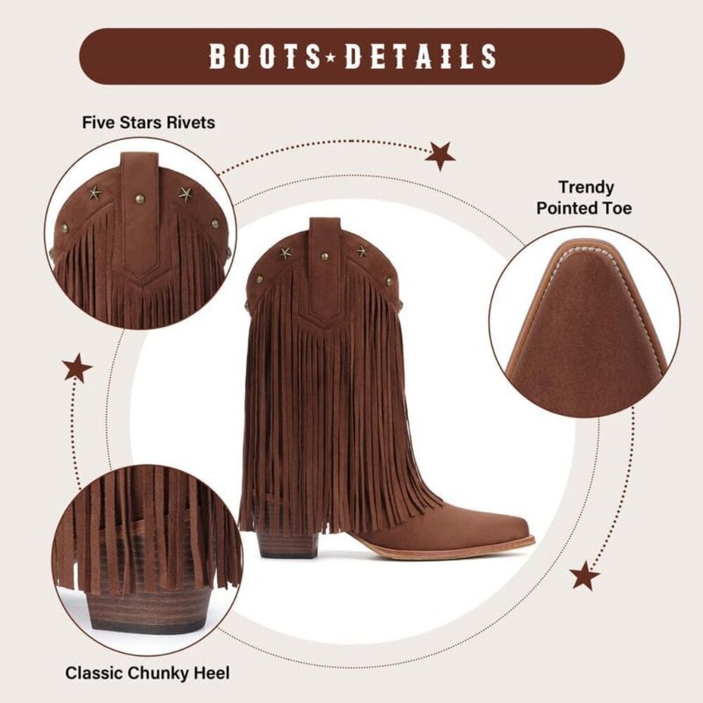 ⚡Women's Dark Brown Mid Calf Cowgirl Boots Star Studded Pointed Toe Chunky Heel - Picture 4 of 5